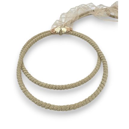 Beige braided bridal headband with small fabric roses and lace ribbon.