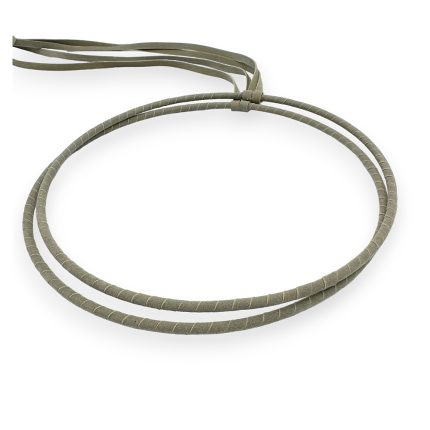 Olive green two-strand leather wrap bracelet with knot clasp and trailing ends.
