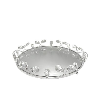 Round silver mirrored serving tray with crystal bead accents along a vine-like edge edge.