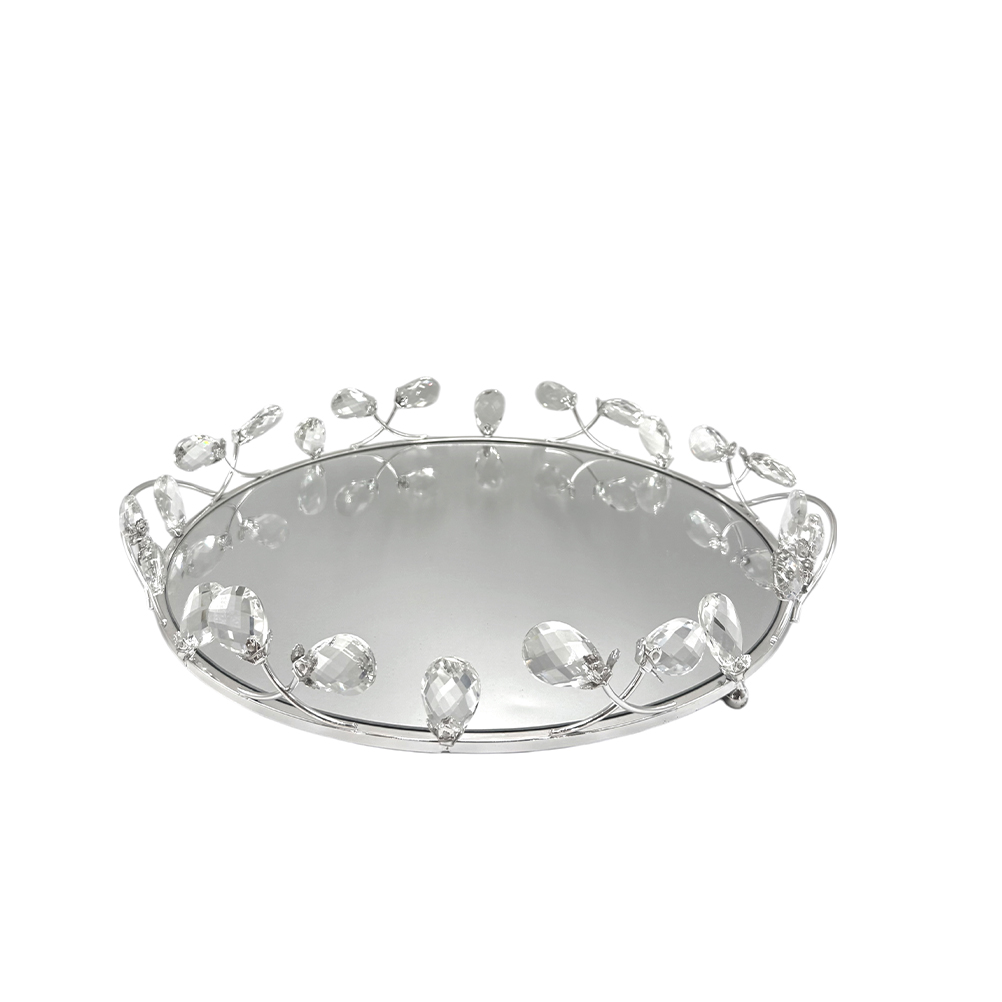 ABED7F5B-30D1-1022-BE92-019D49330989_11 | La Vie en Rose Round silver mirrored serving tray with crystal bead accents along a vine-like edge edge.
