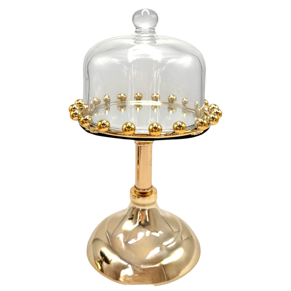 ADD26CD2-FD2A-0D1D-3DA8-019D4DB9A10E_11 | La Vie en Rose Gold pedestal cake stand with a glass cloche and bead detailing around the rim on a white background