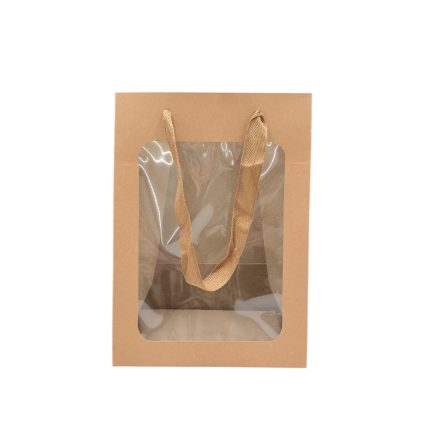 Brown kraft paper gift bag with a clear plastic window and light brown ribbon handles.
