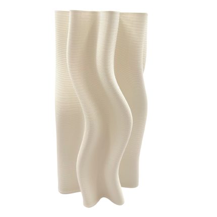Three cream-colored pleated fabric panels standing upright with soft, curved folds on a white background