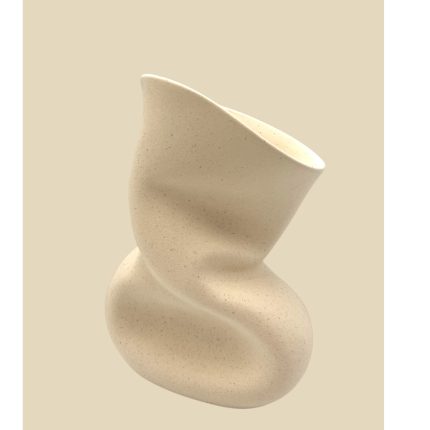 Abstract beige ceramic sculpture with twisting curves against a light tan background.