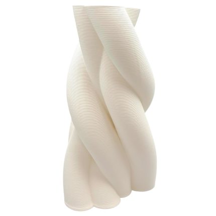 Abstract cream-toned sculpture of twisted, layered ribbons with ribbed texture.