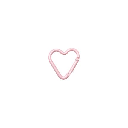 Pink heart-shaped carabiner on a white background, centered and simple.