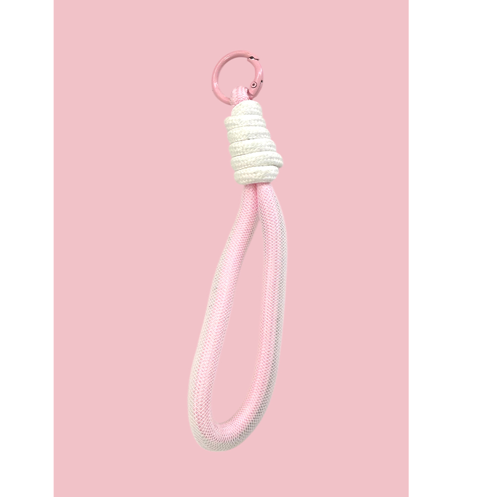DCF0E30F-23C0-1DCD-06F9-019D2A051136_11 | La Vie en Rose Pink rope keychain loop with a pink metal ring against a light pink background.
