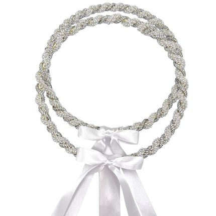 Beaded pearl braided necklace with a white satin bow, a bridal accessory for weddings