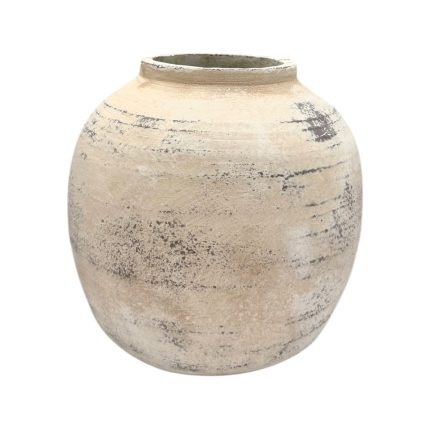 Round beige ceramic vase with a distressed, weathered glaze and a narrow opening at the top.