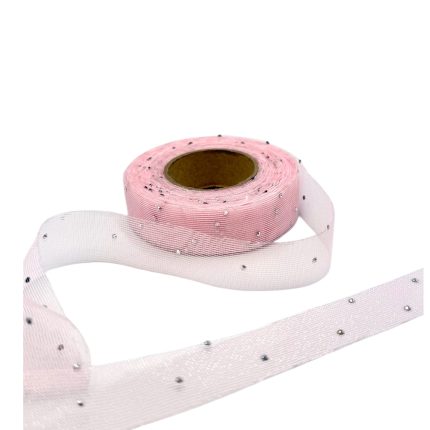Roll of pink ribbon with embedded rhinestones, partially unspooled on a white background.