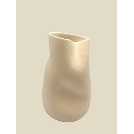 Beige ceramic vase with a rounded body and a gently irregular, wavy rim against a pale background.