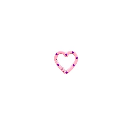 Pink heart-shaped charm with purple studs on a white background and a small clasp detail nearby