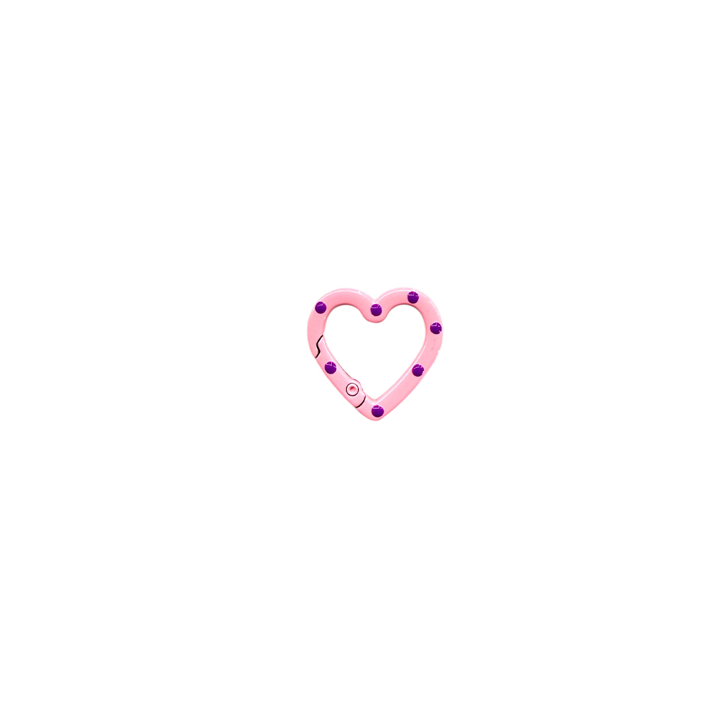 FF2A79C1-E720-0AF2-E7B2-019D8BE33E91_11 | La Vie en Rose Pink heart-shaped charm with purple studs on a white background and a small clasp detail nearby