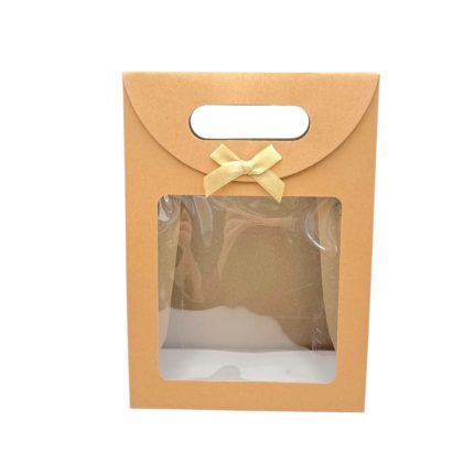 Brown gift box with a plastic window, top handle cutout, and a small pale ribbon bow, empty inside.